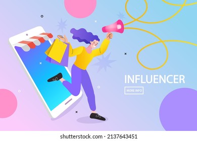 Salesman with Megaphone. Shopping Recreation, Cash Back Promo. Total Sale and Festive Discount Concept. mobile phone or smartphone with store front. online shopping. Vector illustration.