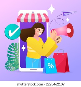 Salesman with Megaphone. Shopping Recreation, Cash Back Promo. Total Sale and Festive Discount Concept. mobile phone or smartphone with store front. online shopping. Vector illustration.