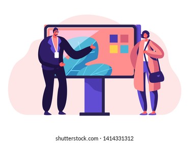 Salesman Presenting to Customer Television Technique. New Smart Technologies, Consumerism, Presentation in Shop, Expo or Fair Exhibition Promotion, Advertising. Cartoon Flat Vector Illustration