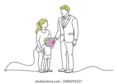 A salesman receiving advice from parents and children, doodle continuous line art vector illustration.