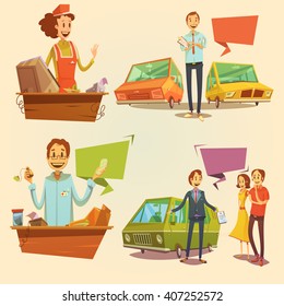 Salesman Retro Cartoon Set With Car Dealer And Pharmacy Salesman Isolated Vector Illustration