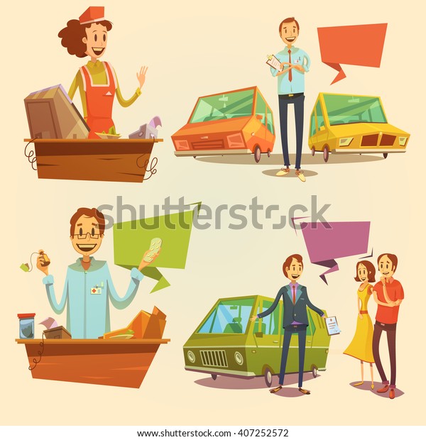 Salesman retro cartoon set with car
dealer and pharmacy salesman isolated vector
illustration