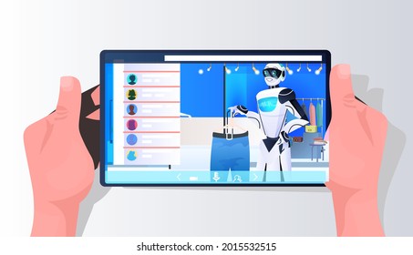 salesman robot showing clothes on smartphone screen in fashion boutique artificial intelligence technology concept