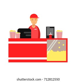 Salesman selling popcorn in cinema theatre vector Illustration