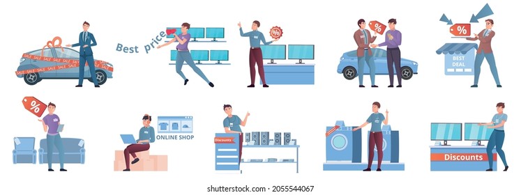 Salesman set of flat isolated compositions with characters of shop assistants selling various goods to customers vector illustration Salesman set of flat isolated compositions with characters of shop assistants selling various goods to customers vector illustration
