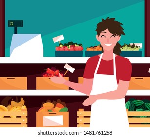 salesman with showcase store with fresh food