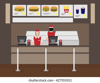 Salesman standing at fast food restaurant counter , cartoon style , vector