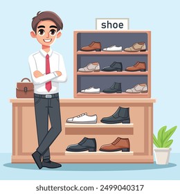 The salesman stands in the shoe store