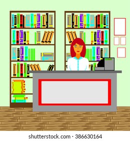 Salesman in the store. Vector illustration.
