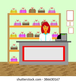Salesman in the store. Vector illustration.