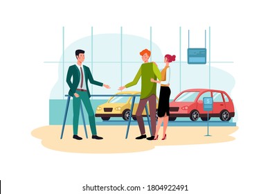 Salesman talking to a young couple at the dealership showroom vector illustration concept.