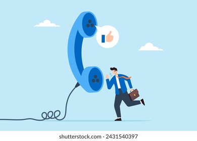 Salesman talks to client on phone and seals deal with thumbs up symbol, illustrating expertise in telephone sales to generate leads. Concept of successful telemarketing, promoting products or services