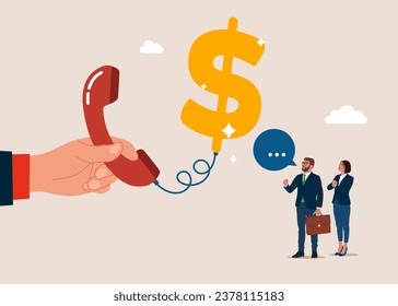 Salesman with telephone connected to money dollar sign. Telesales, phone call for selling product. Vector illustration