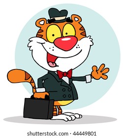 Salesman Tiger Waving And Carrying A Briefcase,background