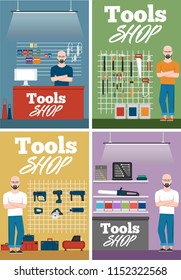 Salesman in tools shop interior banners set. Assortment of hand instruments and power tools. Showcase of tool store vector illustration in flat style.