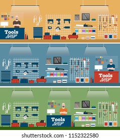 Salesman In Tools Shop Interior Banners Set. Assortment Of Hand Instruments And Power Tools. Showcase Of Tool Store Vector Illustration In Flat Style.