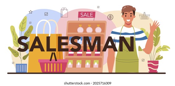 Salesman typografische Header. Facharbeiter im Supermarkt, Laden, Laden. Merchandising, Kassenbuchhaltung und Berechnungen. Kundendienst, Zahlungsvorgang. Flache Vektorgrafik