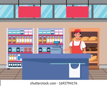 vendedora en el diseño de ilustración vectorial de la escena de supermercado