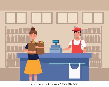 salesman worker in supermarket scene vector illustration design