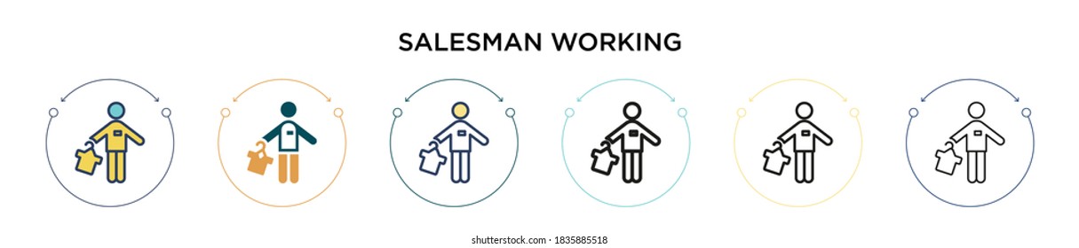 Icono de trabajo del vendedor en estilo relleno, delgado, contorno y trazo. Ilustración vectorial de dos vendedores coloreados y negros que trabajan iconos vectoriales pueden utilizarse para móviles, ui, web