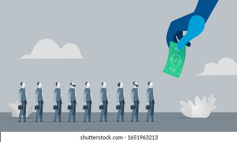 Salesmen concentrated on their goal. Human hand holding dollar banknote in front of businessmen - Vector illustration