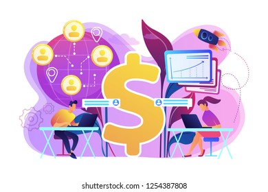 Salespeople Team Working Remotely With Customers All Over The World And Dollar Sign. Virtual Sales, Remote Sales Method, Virtual Sales Team Concept. Bright Vibrant Violet Vector Isolated Illustration