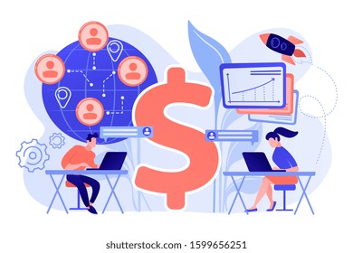 Salespeople Team Working Remotely With Customers All Over The World And Dollar Sign. Virtual Sales, Remote Sales Method, Virtual Sales Team Concept. Pink Coral Blue Vector Isolated Illustration