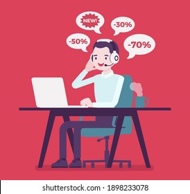 Salesperson cold calling by telephone to potential customer. Male operator, telemarketing assistant advertising, selling spam product useless service for client. Vector creative stylized illustration