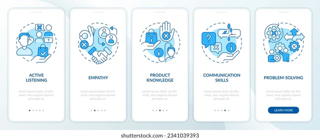 Vendedor habilidades esenciales pantalla azul de aplicación móvil a bordo. Recorrido del representante de ventas 5 pasos instrucciones gráficas editables con conceptos lineales. UI, plantilla UX. Multitud de tipos de letra Pro-Bold, con uso regular