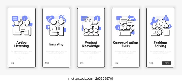Salesperson essential skills mobile onboarding screen. Retail and customer service UX UI illustration. Flat outline style icons with purple accent