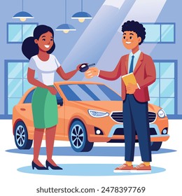 A salesperson handing over car keys to a happy new car owner at a dealership