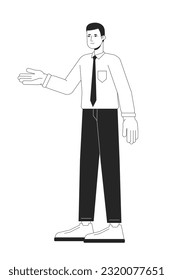 Salesperson presenting flat line black white vector character. Editable outline full body person on white. Confident salesman simple cartoon isolated spot illustration for web graphic design