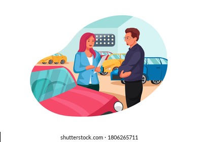 Salesperson showing vehicle to potential customer in dealership vector Illustration concept.