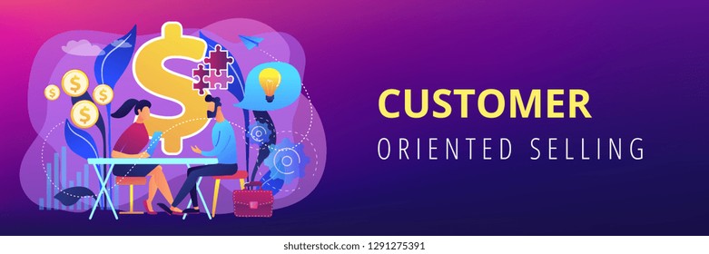 Salesperson suggesting a solution idea to consumers problem. Consultative sales, customer-oriented selling, trendy sales method concept. Header or footer banner template with copy space.