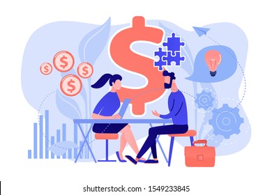 Salesperson suggesting a solution idea to consumers problem. Consultative sales, customer-oriented selling, trendy sales method concept. Pink coral blue vector isolated illustration