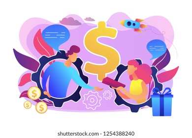 Salesperson Trying To Persuade Customer In Buying Product. Personal Selling, Face-to-face Selling Technique, Sales Method Trends Concept. Bright Vibrant Violet Vector Isolated Illustration