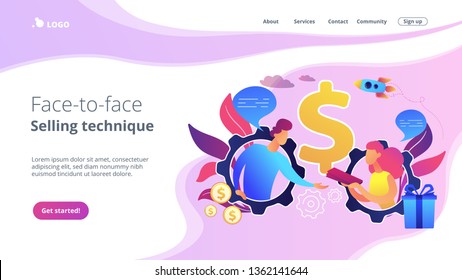Salesperson trying to persuade customer in buying product. Personal selling, face-to-face selling technique, sales method trends concept. Website vibrant violet landing web page template.