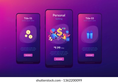 Salesperson trying to persuade customer in buying product. Personal selling, face-to-face selling technique, sales method trends concept. Mobile UI UX GUI template, app interface wireframe