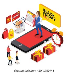Saleswoman announcing Black Friday Sale 3d isometric vector illustration concept for banner, website, landing page, ads, flyer