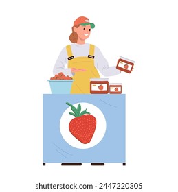 Saleswoman cartoon character selling fresh ripe strawberry at street retail shop or farm market