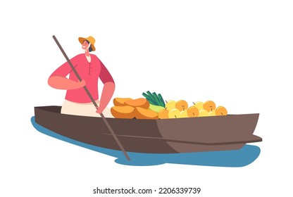 Saleswoman Character Wear Straw Hat Sell and Buy Goods Float on Boat Isolated on White Background. Female Trader Sell Fruits on Floating Market in Thailand Concept. Cartoon People Vector Illustration