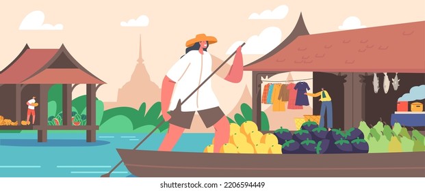 Saleswoman Character Wear Straw Hat on Boat with Paddle Sell and Buy Goods Float by River. Traditional Trading in Asian Country. Floating Market in Thailand Concept. Cartoon People Vector Illustration