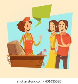Saleswoman and customers at pay desk retro background  cartoon vector illustration    