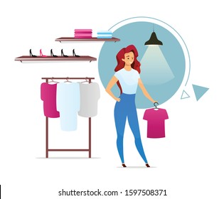 Saleswoman flat color vector illustration. Fashion store with racks. Clothing boutique. Female customer in apparel shop. Woman choosing clothes. Isolated cartoon character on white background