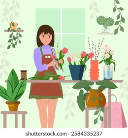 A saleswoman or flower shop owner arranges a bouquet of tulips. The shop has a variety of potted plants for the home and vase bouquets for gifts on holidays. Buying an arrangement