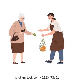 Saleswoman giving oranges to elderly woman. An elderly woman pays in cash. Vector illustration of old people shopping isolated on white background.