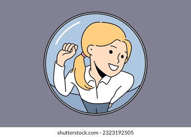 Saleswoman knocking on apartment view from behind peephole for business concept with personal cold sales. Saleswoman wants to offer client to purchase goods and services without leaving home