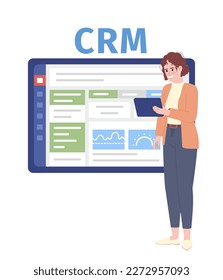 Saleswoman measuring CRM success on tablet flat concept vector spot illustration. Editable 2D cartoon character on white for web design. Creative idea for website, mobile app. Fira Sans Bold font used