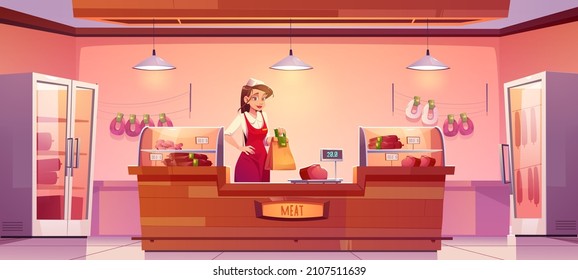 Saleswoman at meat shop desk, girl in uniform holding paper bag at butchery store interior with farm production on showcase and scales. Fresh farmer meaty products stall, Cartoon vector illustration