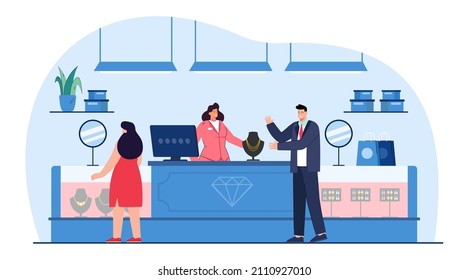 Saleswoman Selling Female Gold Accessory As Gift To Rich Man. People Buying Golden Jewellery On Sales In Boutique, Shopping Mall Or Store Flat Vector Illustration. Jewelry, Luxury, Retail Concept